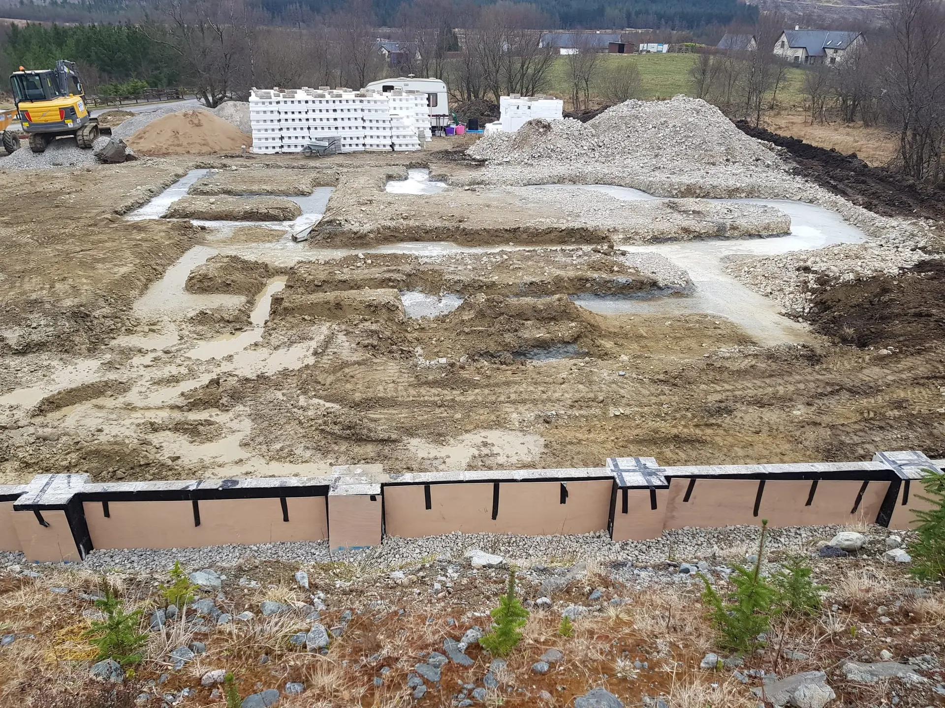 Foundations complete, with the ICF blocks delivered to site