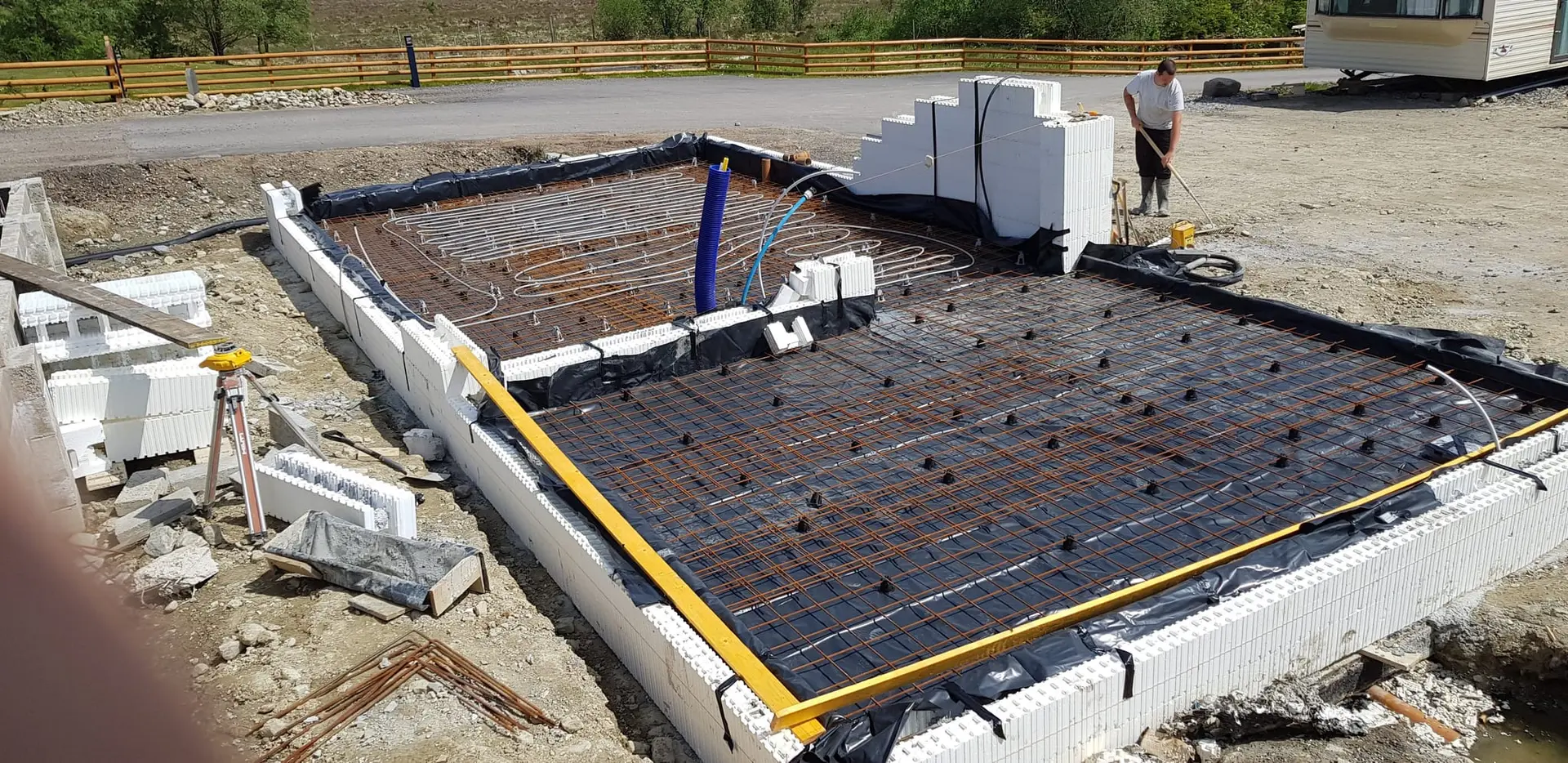 Reinforcement and pipework laid ready for the slab pour