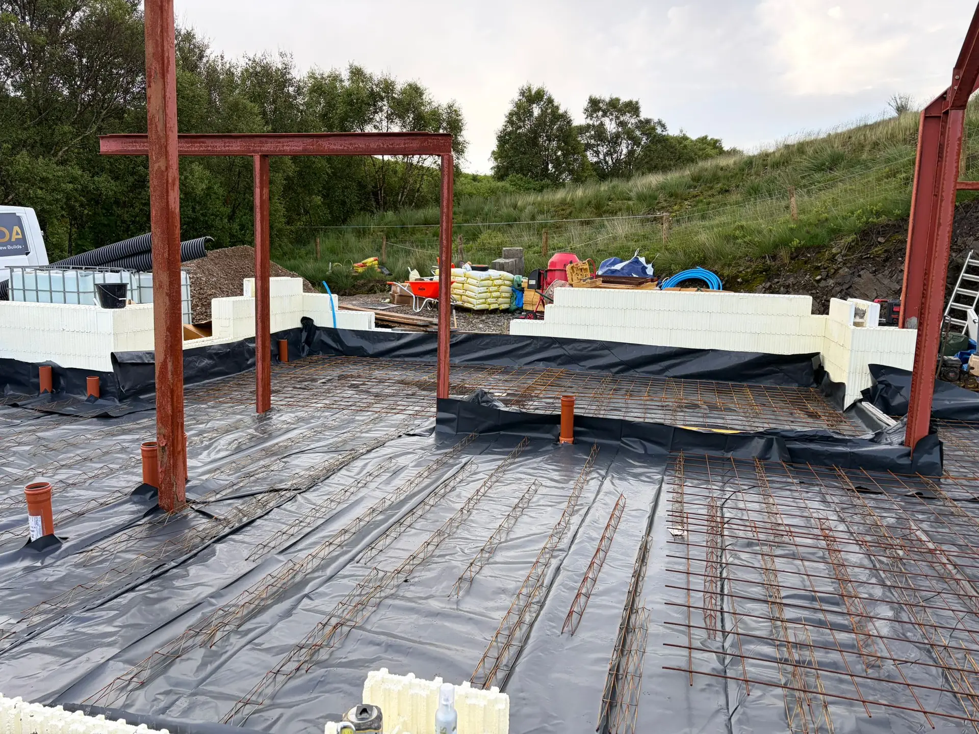 Damp-proof membrane and steel reinforcement laid ready for the slab